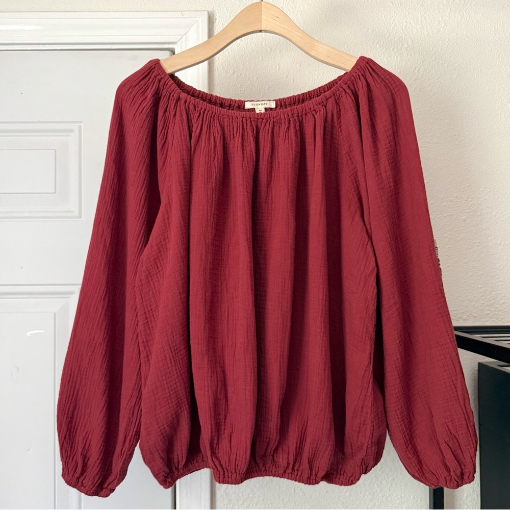 SUUNDAY rust red cotton gauze off shoulder puff long sleeve boxy cropped blouse